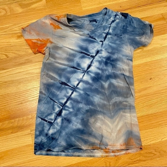 Tie Dye Tshirt Vneck Blue Gray Burnt Orange Diagonal Stars Unisex S - Picture 4 of 7